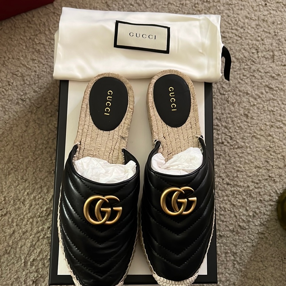 NEW Gucci Nappa Charlotte GG Marmont Espadrille Slide Mules Black Size 37.5